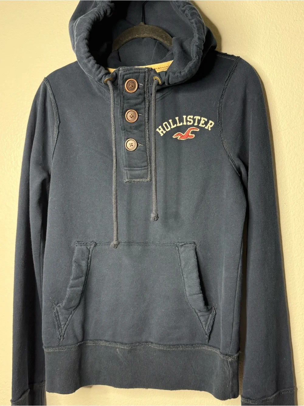 Hollister Navy Button-Neck Hoodie Y2K Oversized Small